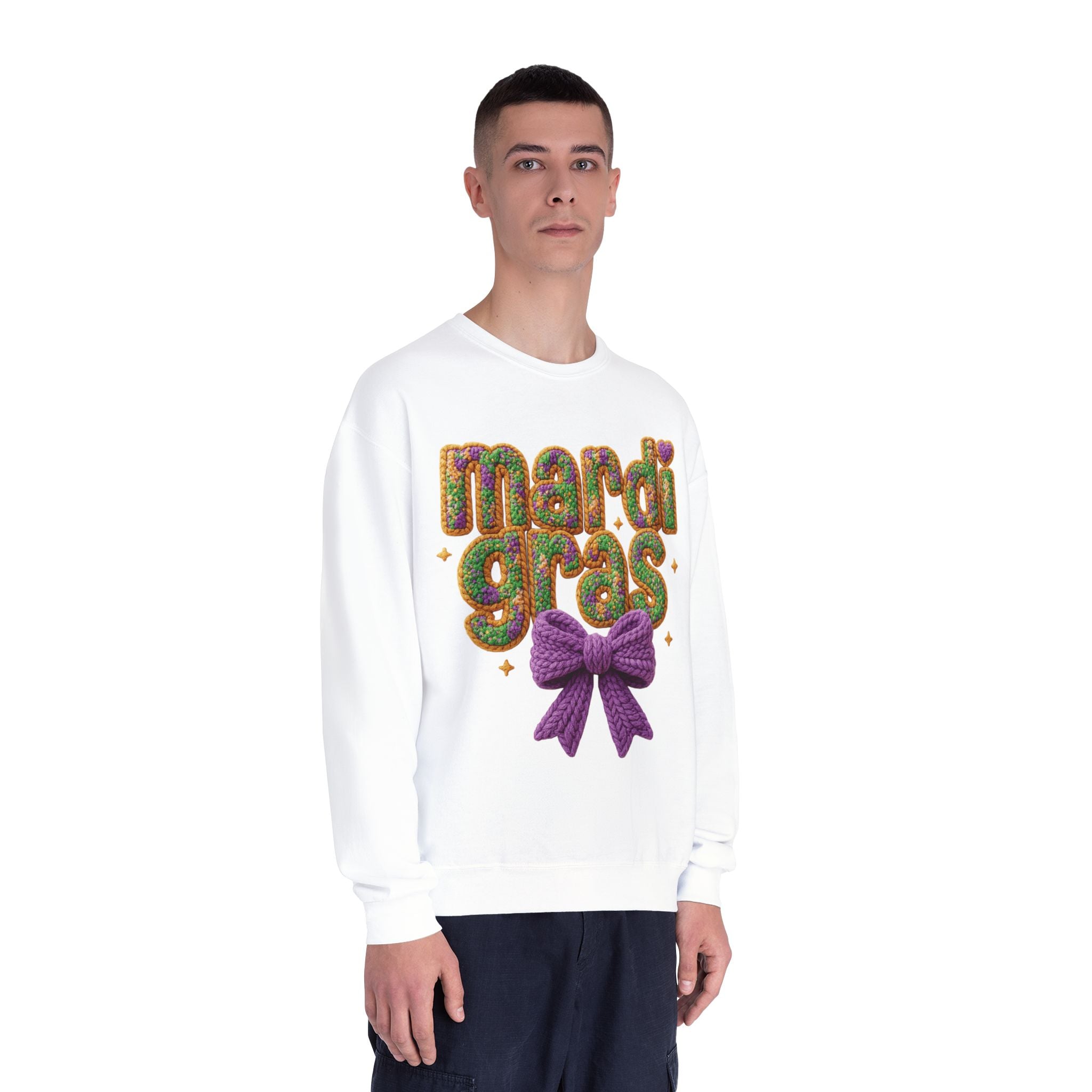 Faux Yarn Knit Crochet Mardi Gras Bow Sweatshirt