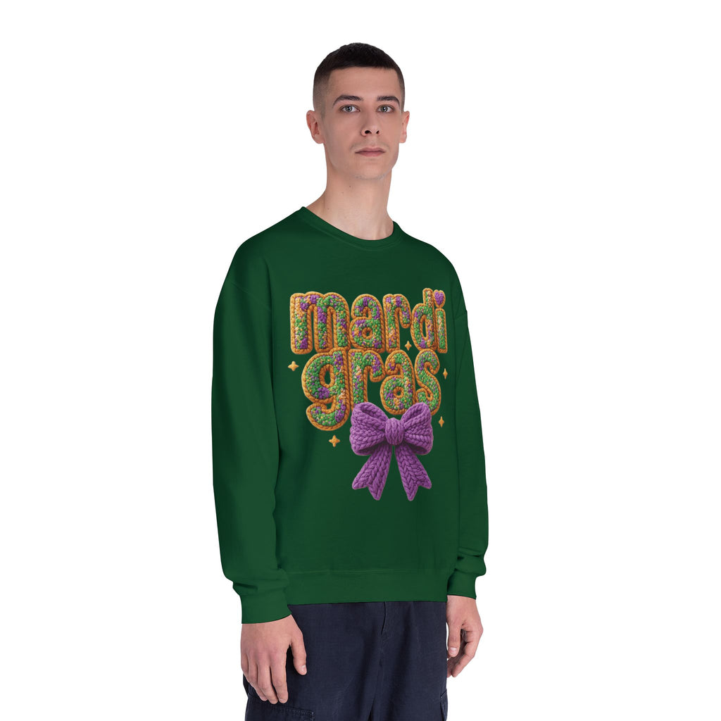 Faux Yarn Knit Crochet Mardi Gras Bow Sweatshirt