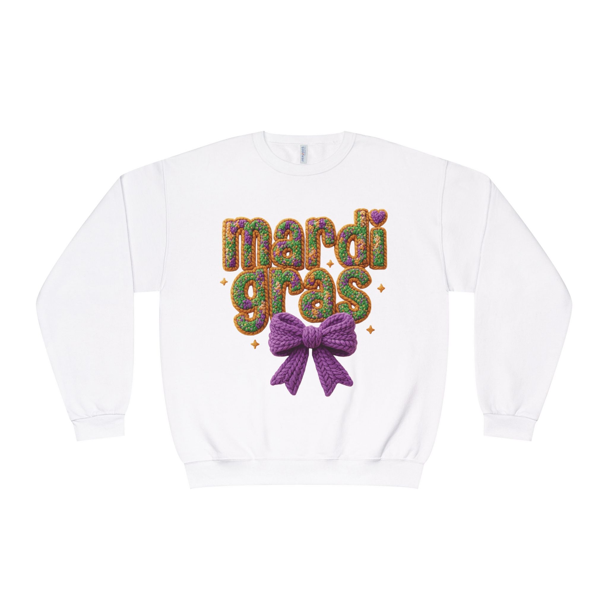 Faux Yarn Knit Crochet Mardi Gras Bow Sweatshirt