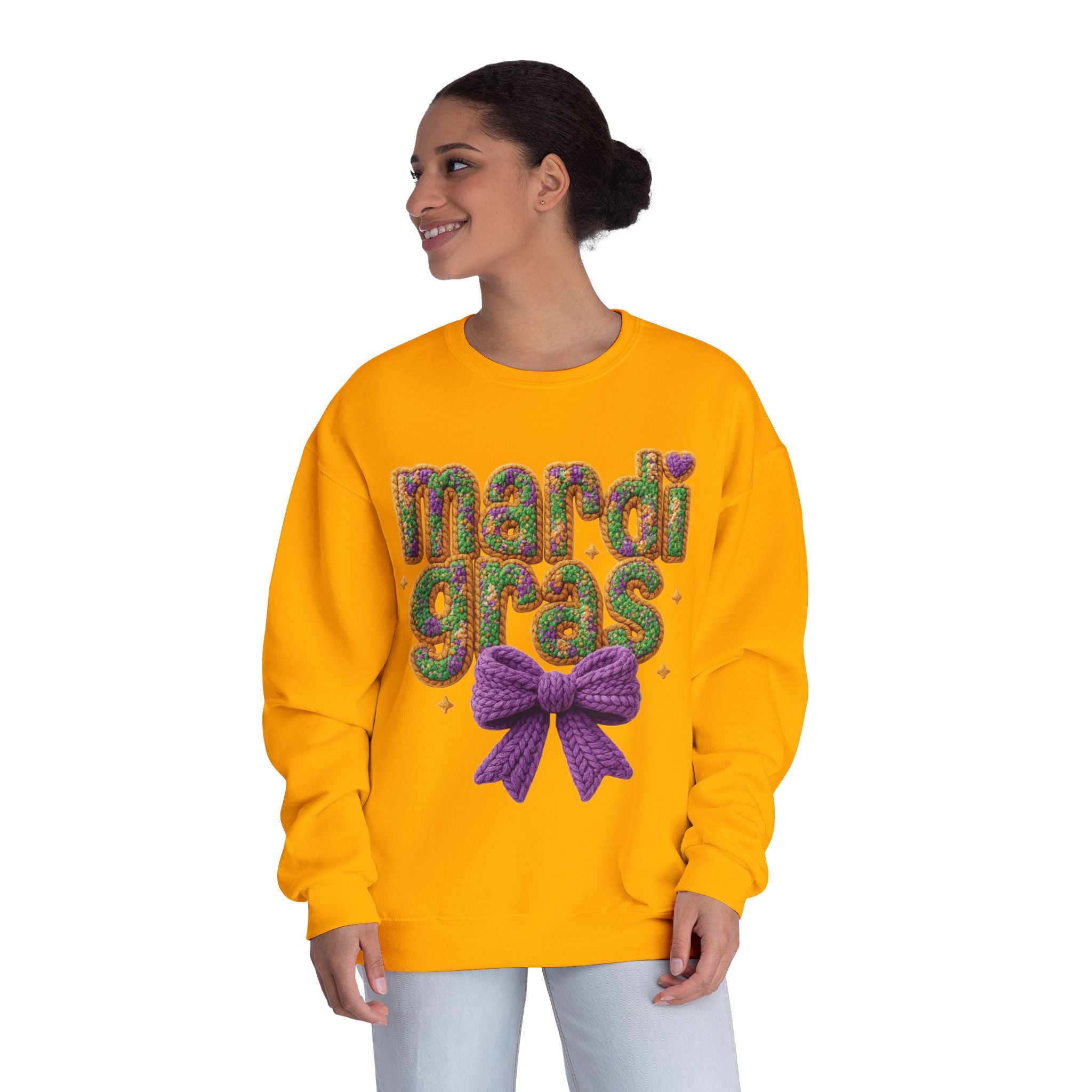 Faux Yarn Knit Crochet Mardi Gras Bow Sweatshirt