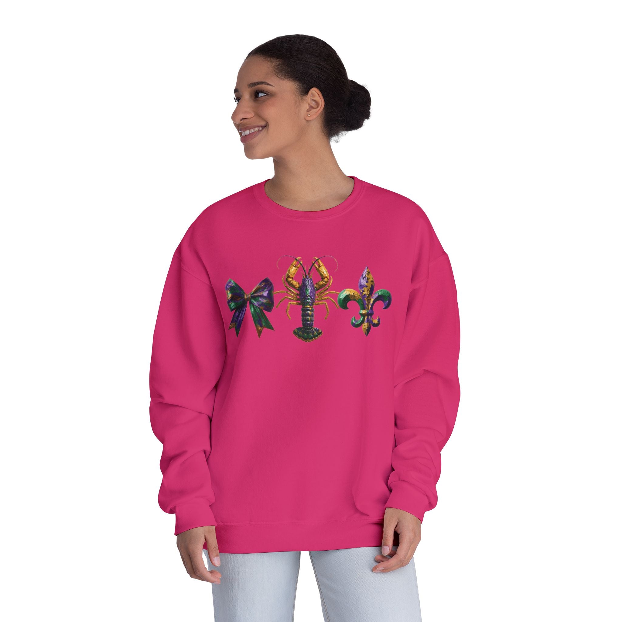 Faux Yarn Bow Crawfish Fleur-de-lis Mardi Gras Sweatshirt