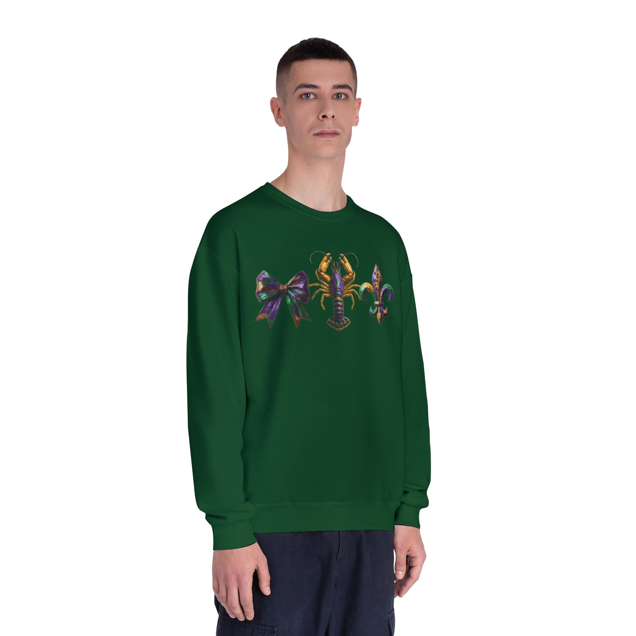 Faux Yarn Bow Crawfish Fleur-de-lis Mardi Gras Sweatshirt