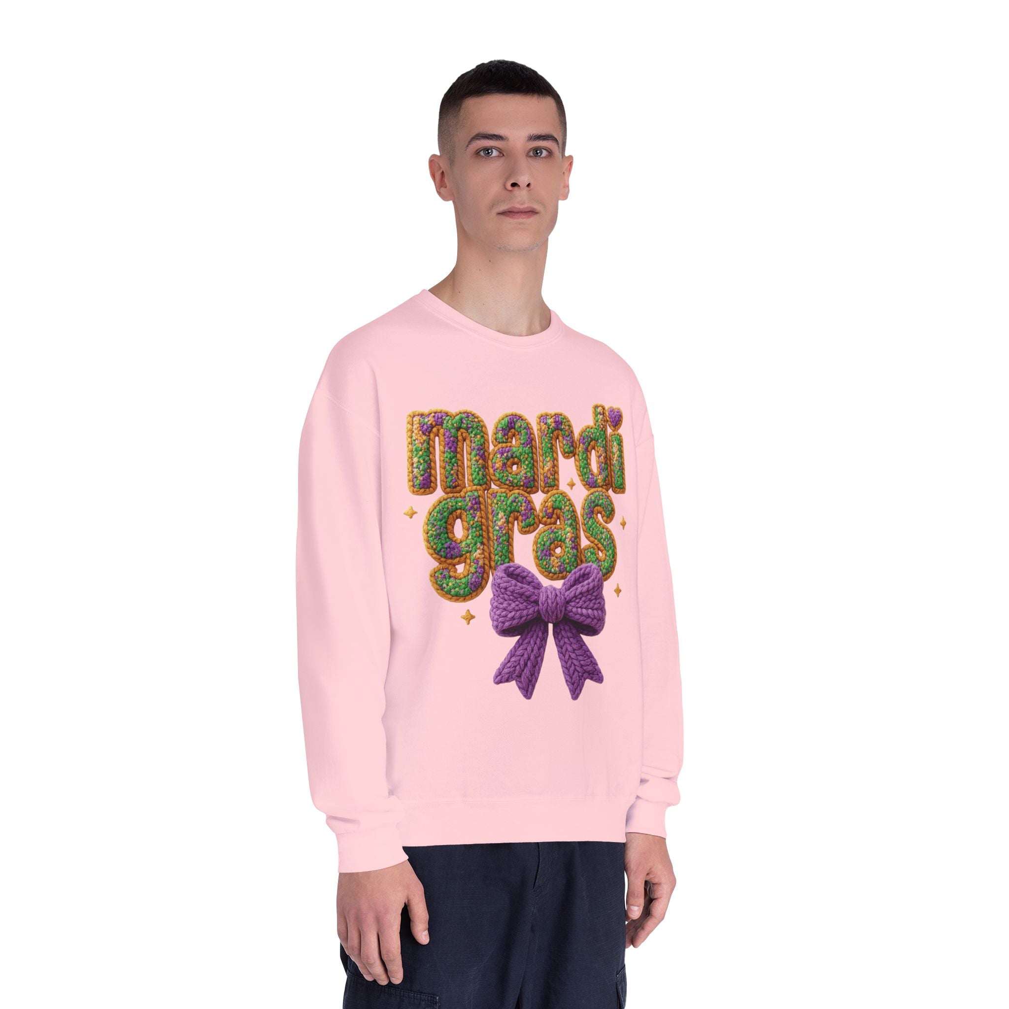 Faux Yarn Knit Crochet Mardi Gras Bow Sweatshirt