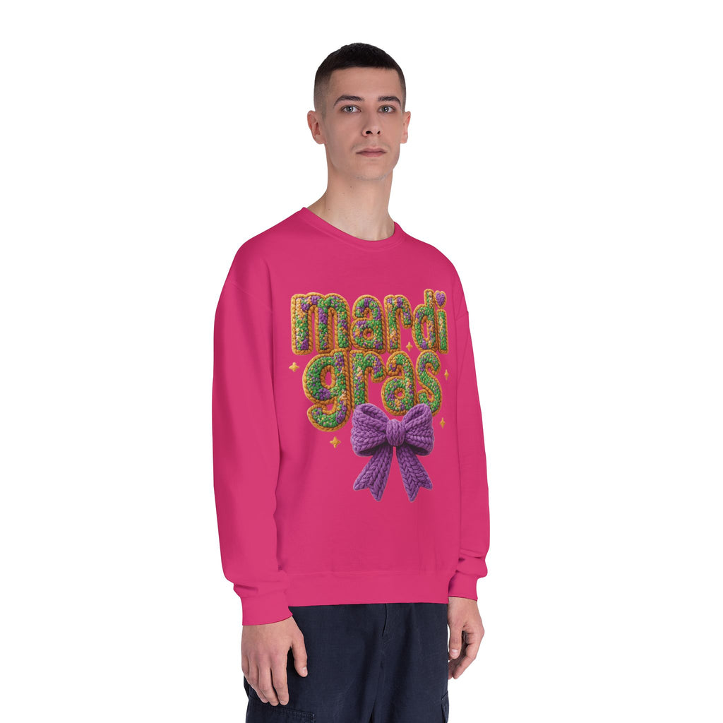 Faux Yarn Knit Crochet Mardi Gras Bow Sweatshirt