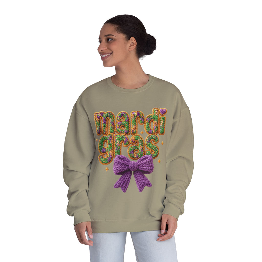 Faux Yarn Knit Crochet Mardi Gras Bow Sweatshirt