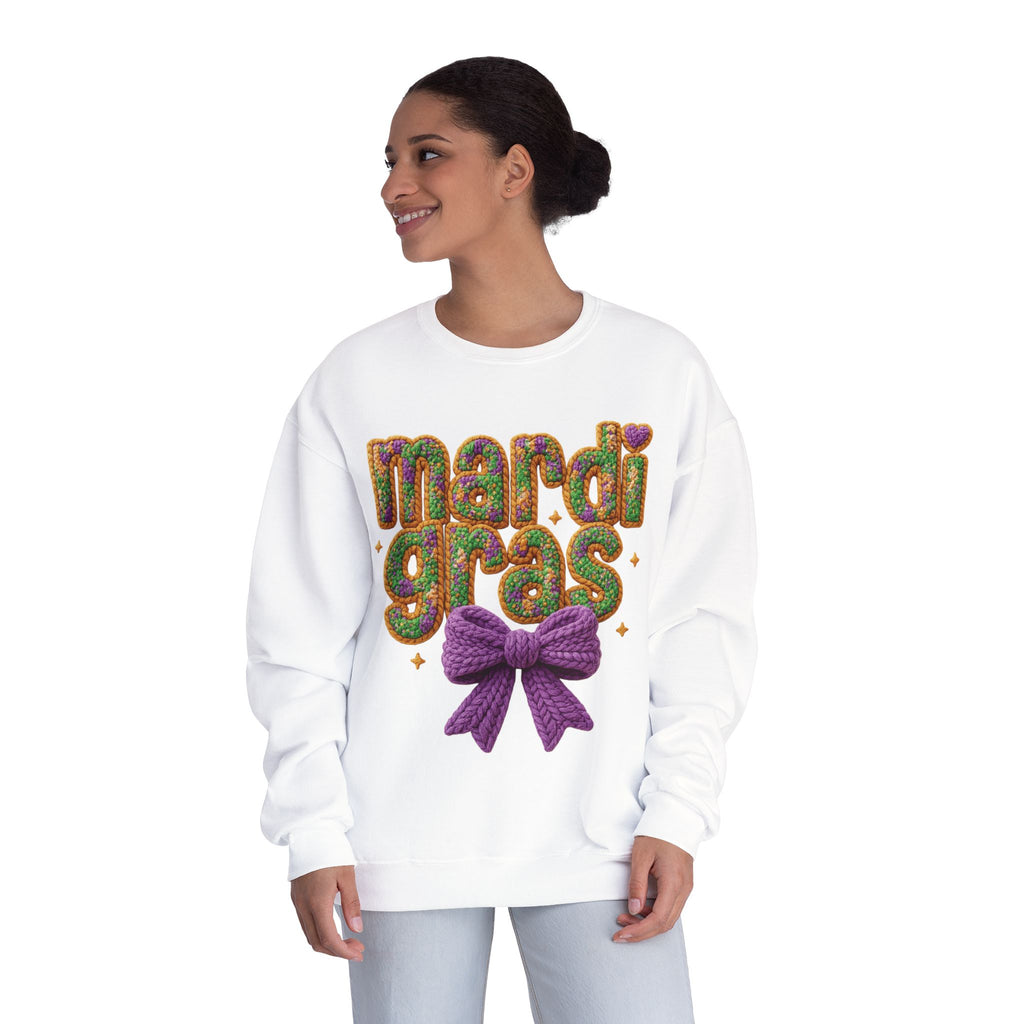 Faux Yarn Knit Crochet Mardi Gras Bow Sweatshirt