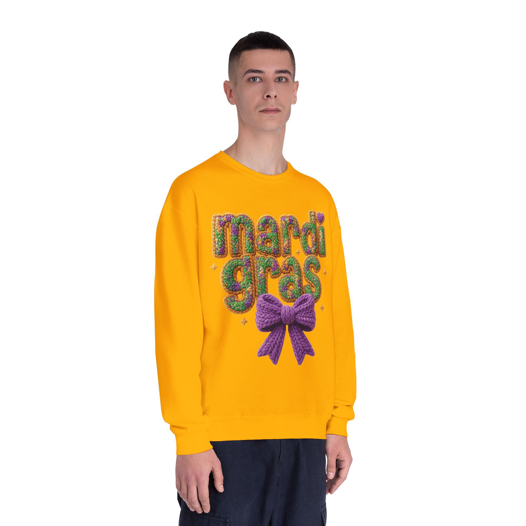 Faux Yarn Knit Crochet Mardi Gras Bow Sweatshirt