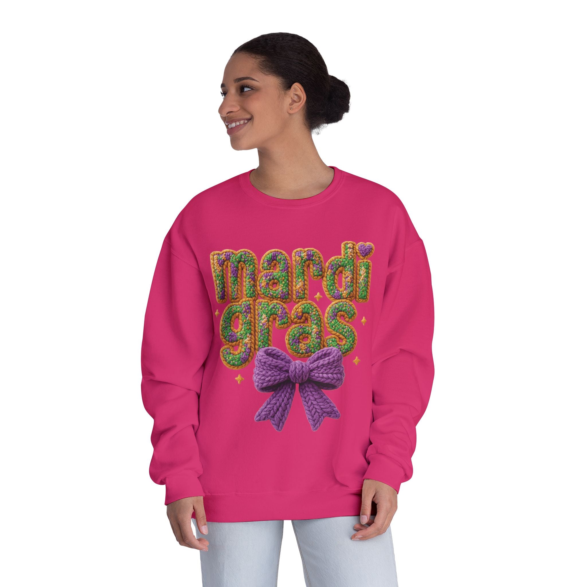 Faux Yarn Knit Crochet Mardi Gras Bow Sweatshirt