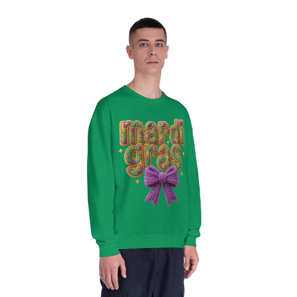 Faux Yarn Knit Crochet Mardi Gras Bow Sweatshirt