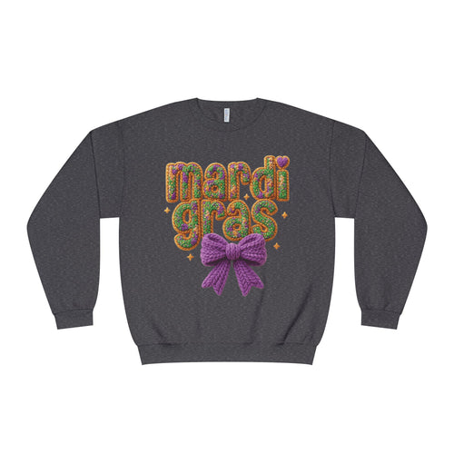 Faux Yarn Knit Crochet Mardi Gras Bow Sweatshirt