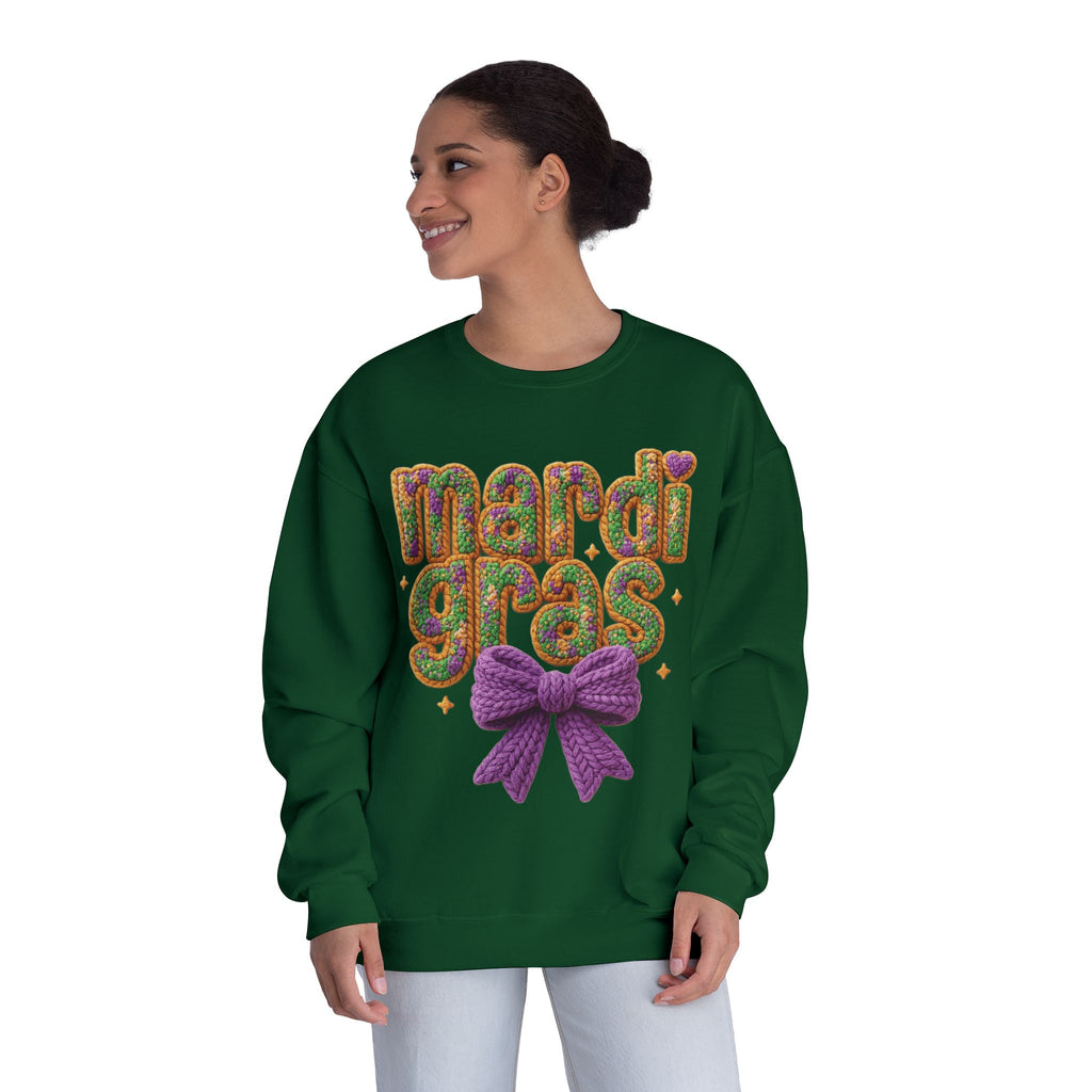 Faux Yarn Knit Crochet Mardi Gras Bow Sweatshirt