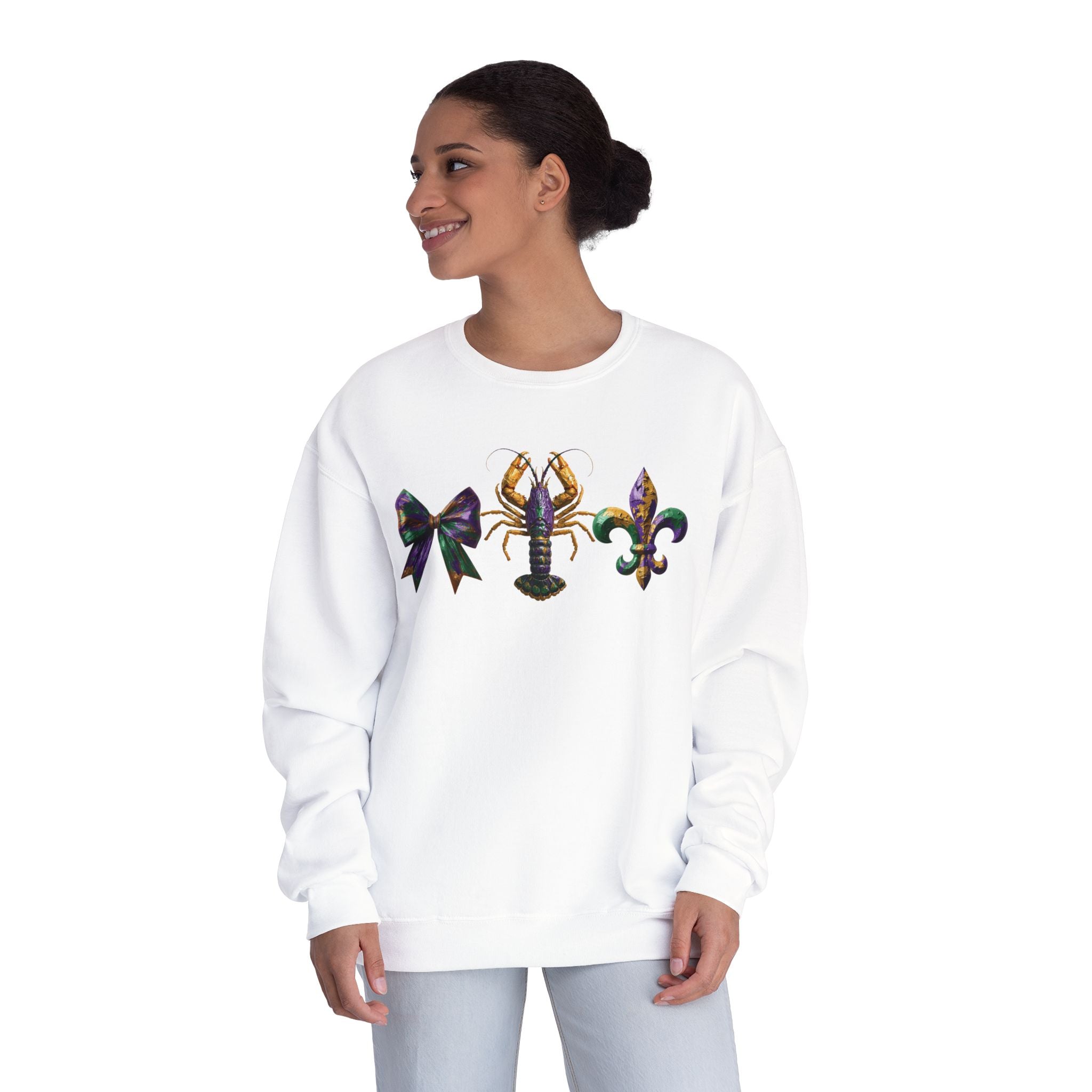 Faux Yarn Bow Crawfish Fleur-de-lis Mardi Gras Sweatshirt