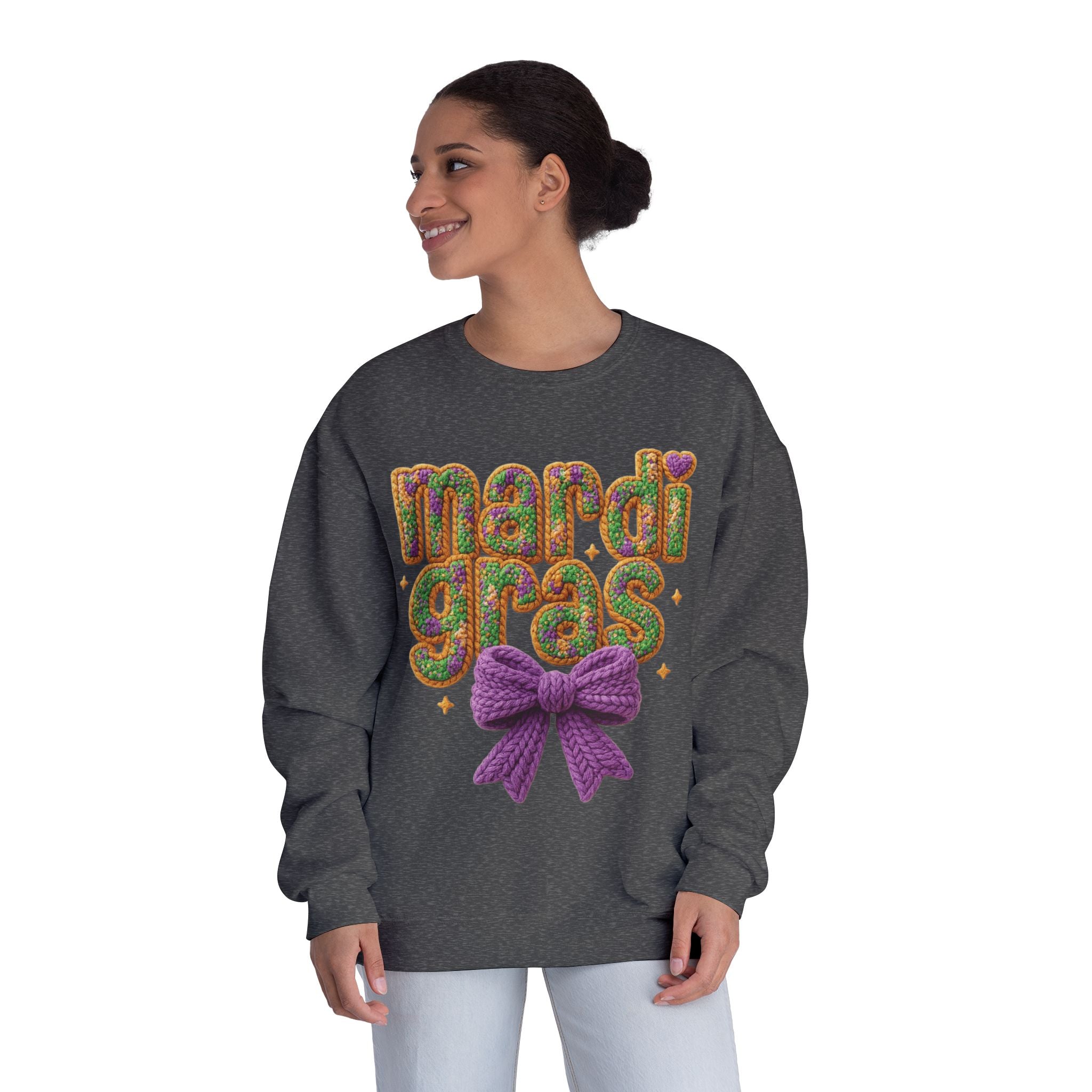 Faux Yarn Knit Crochet Mardi Gras Bow Sweatshirt