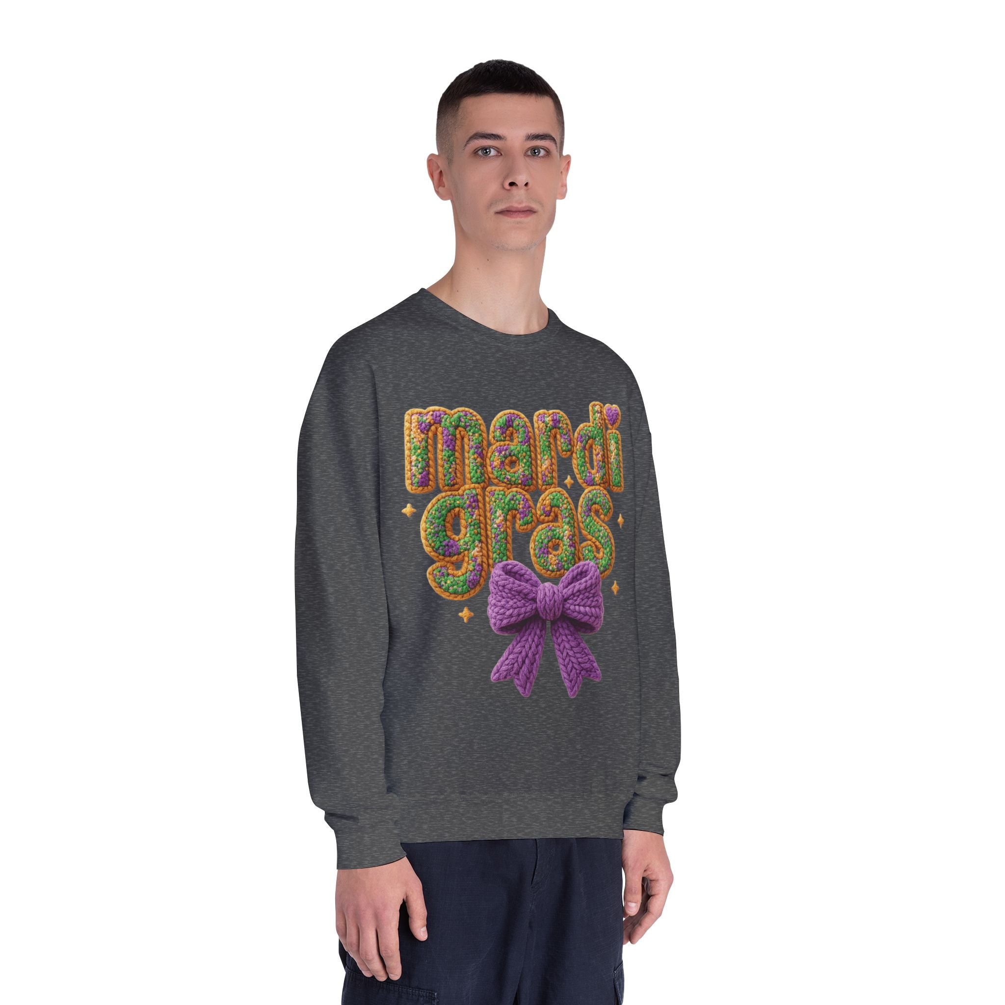 Faux Yarn Knit Crochet Mardi Gras Bow Sweatshirt