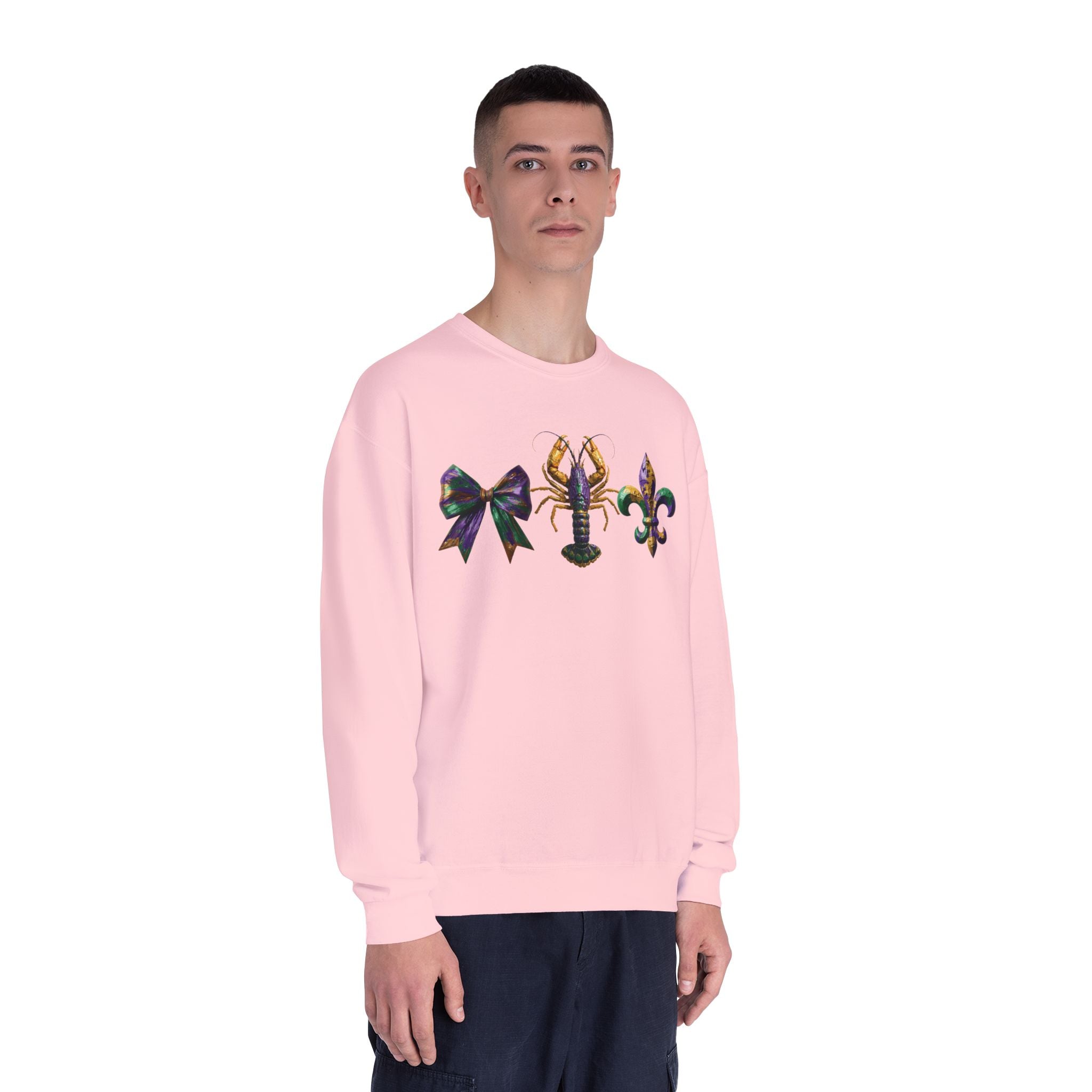 Faux Yarn Bow Crawfish Fleur-de-lis Mardi Gras Sweatshirt