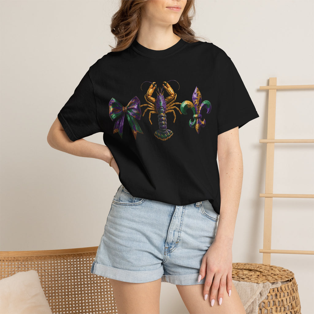 Faux Yarn Bow Crawfish Fleur-de-lis Mardi Gras T-shirt