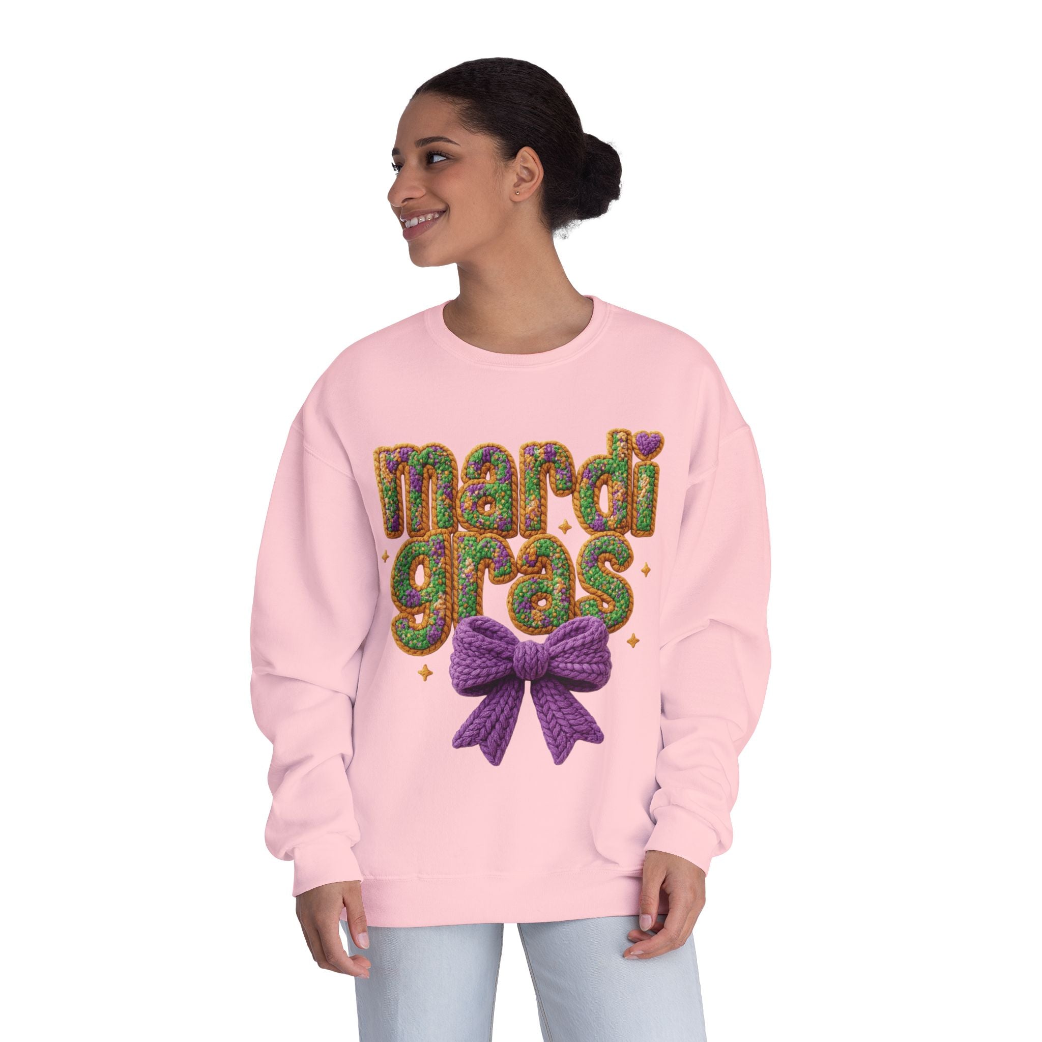 Faux Yarn Knit Crochet Mardi Gras Bow Sweatshirt