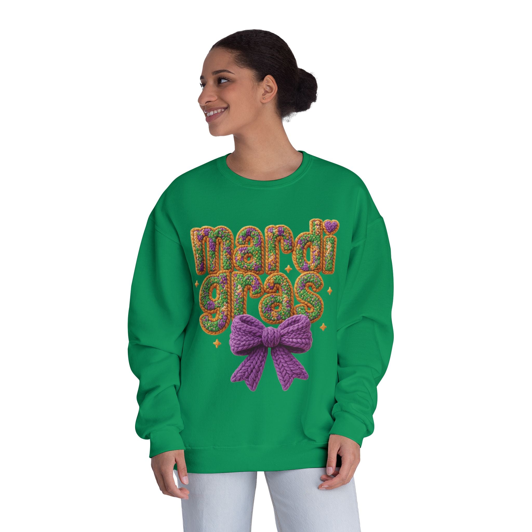 Faux Yarn Knit Crochet Mardi Gras Bow Sweatshirt