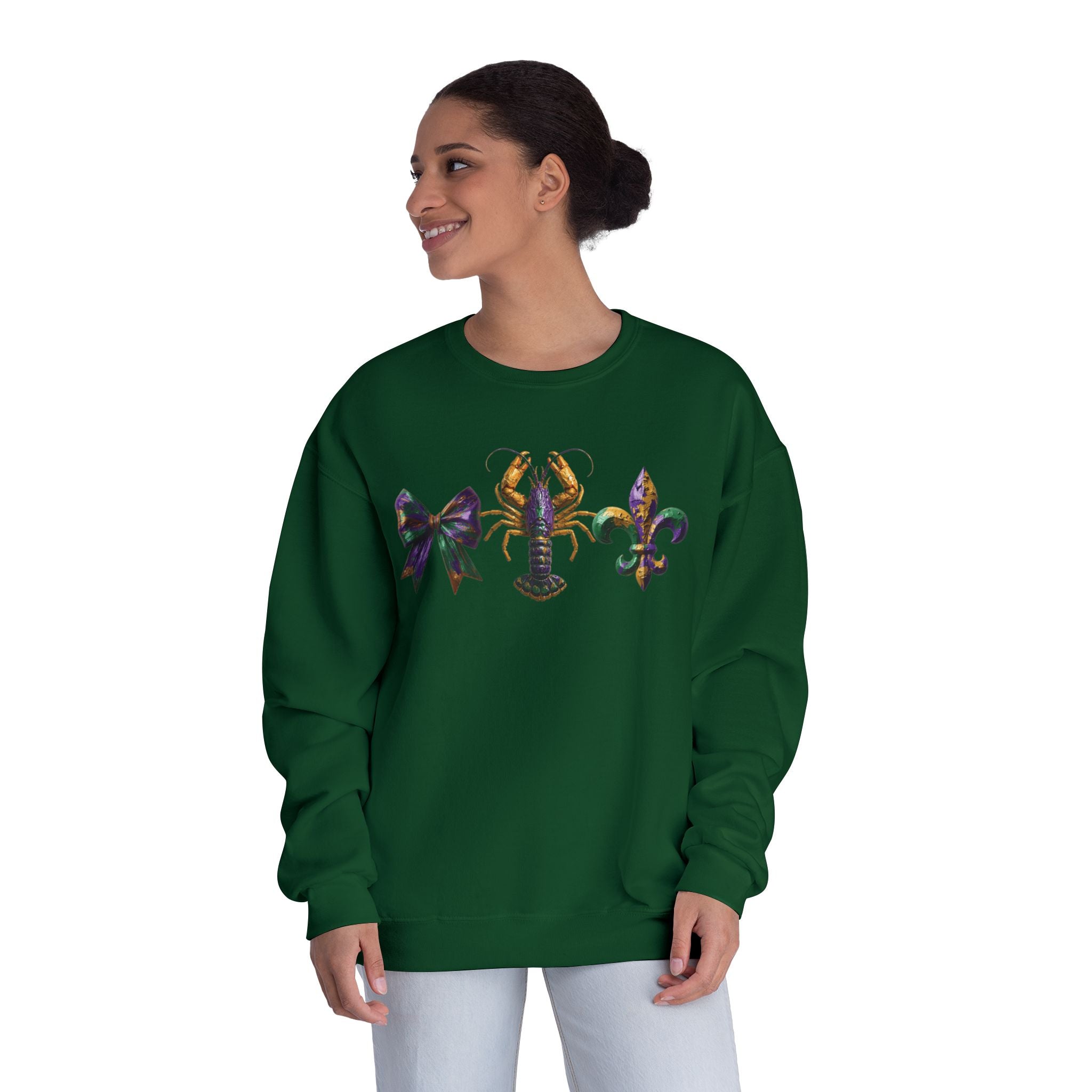 Faux Yarn Bow Crawfish Fleur-de-lis Mardi Gras Sweatshirt