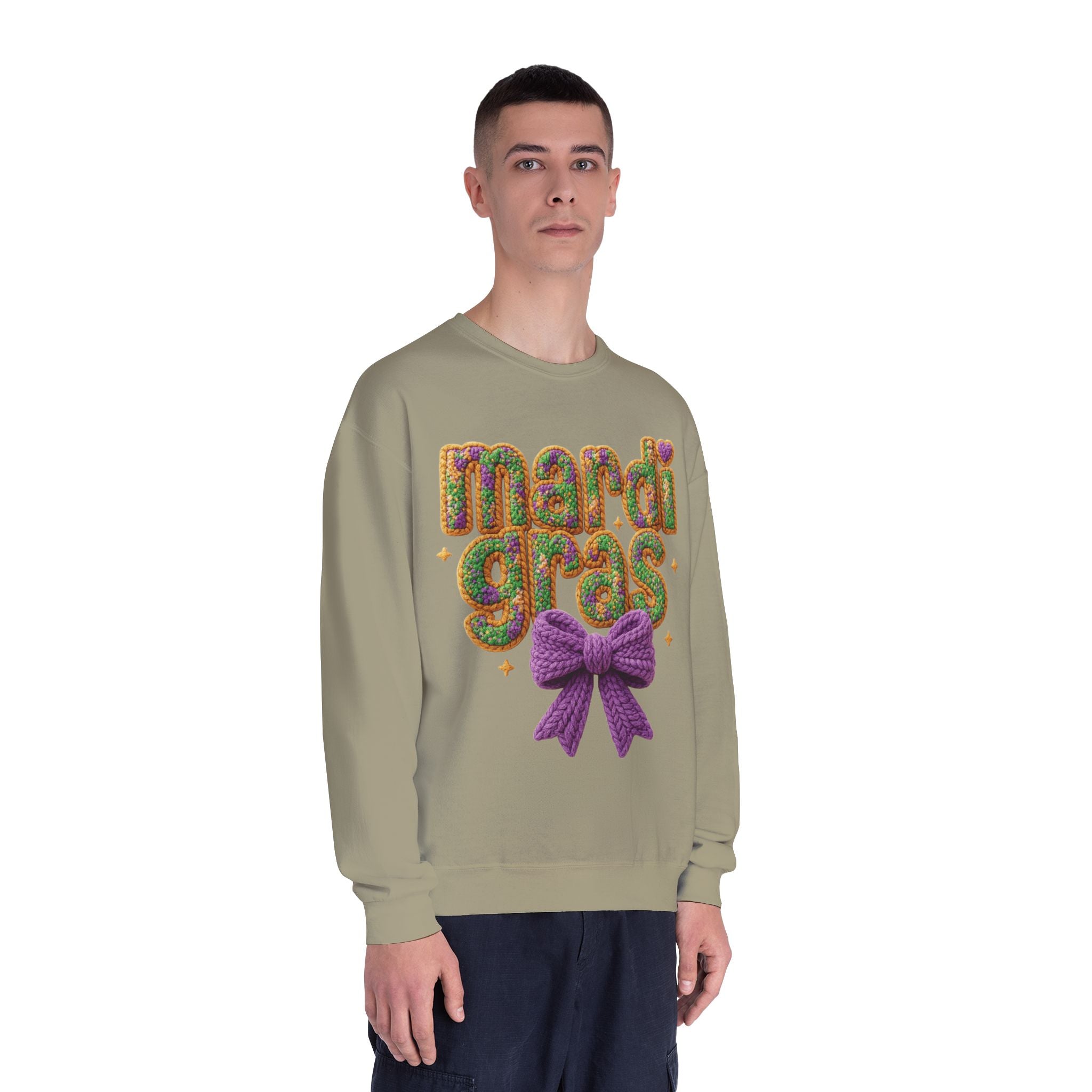 Faux Yarn Knit Crochet Mardi Gras Bow Sweatshirt