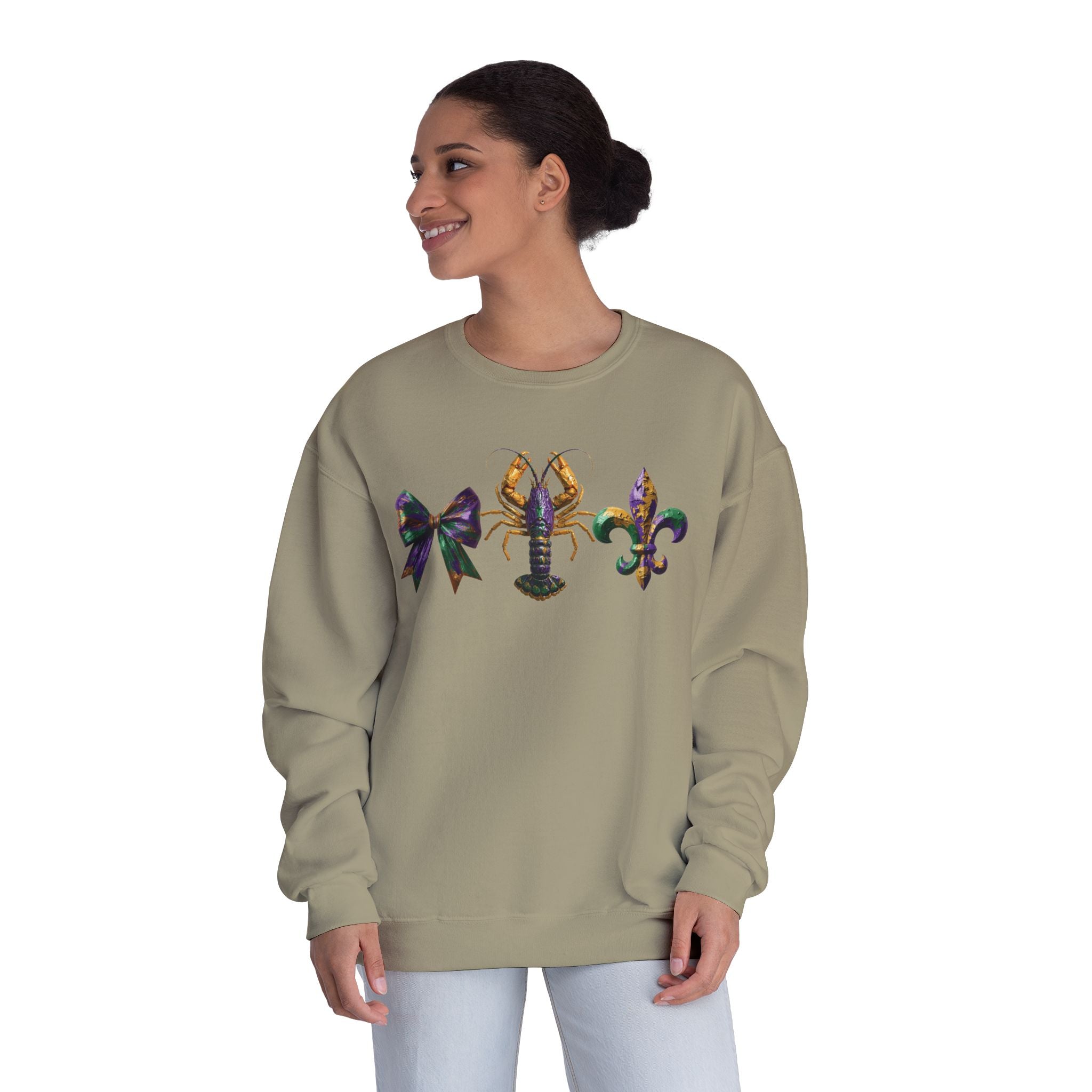 Faux Yarn Bow Crawfish Fleur-de-lis Mardi Gras Sweatshirt