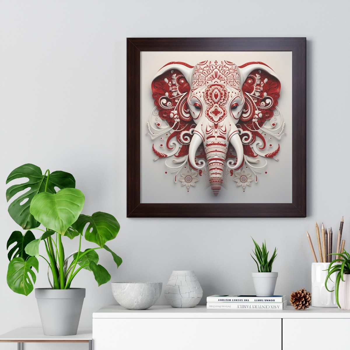 Crimson and White: Paisley Elephant Logo on White Framed Vertical Poster