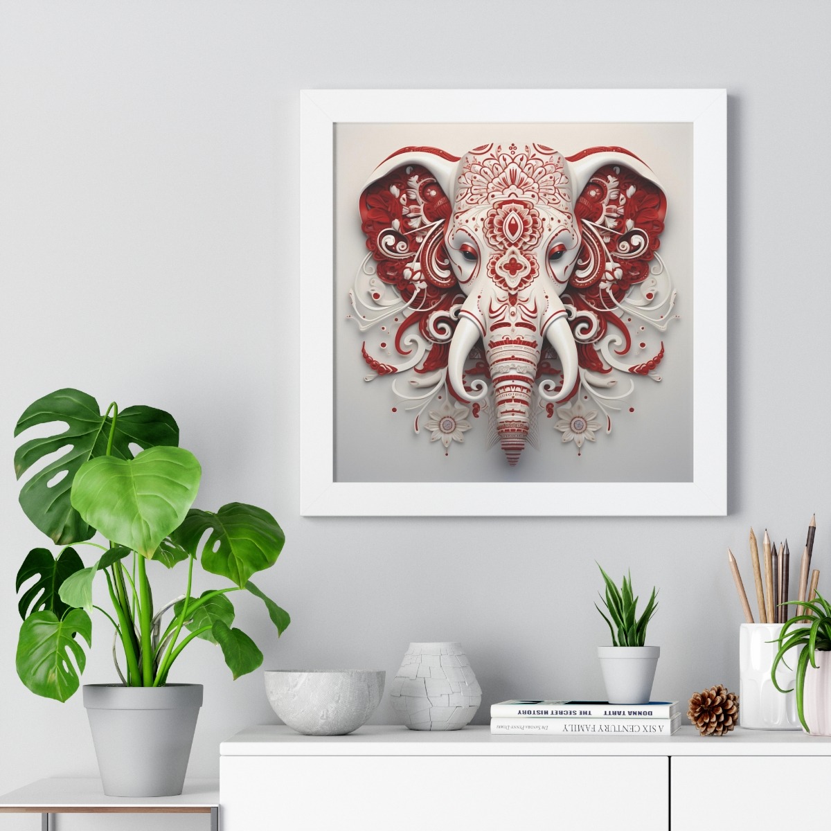 Crimson and White: Paisley Elephant Logo on White Framed Vertical Poster